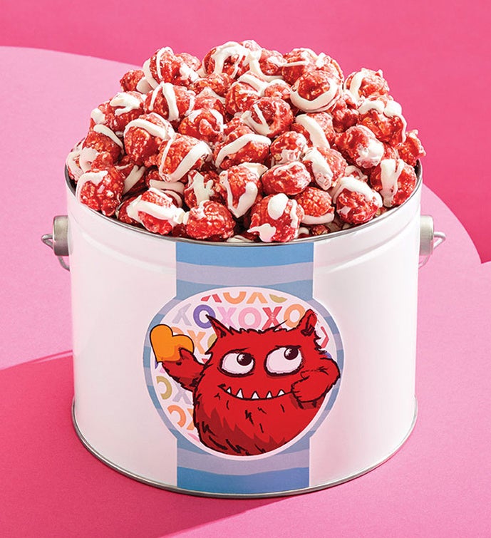 Monster Hugs 1/2 Gallon Pail with Drizzled Red Velvet Cream Cheese Popcorn